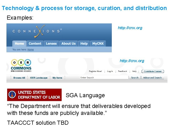 Technology & process for storage, curation, and distribution Examples: http: //cnx. org SGA Language