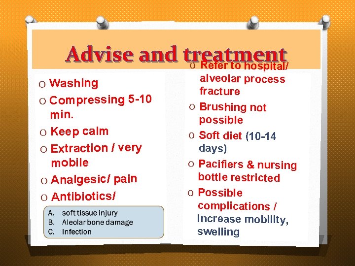 Advise and treatment O Refer to hospital/ O Washing O Compressing 5 -10 min.