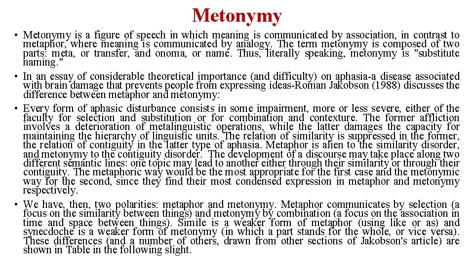 Metonymy • Metonymy is a figure of speech in which meaning is communicated by