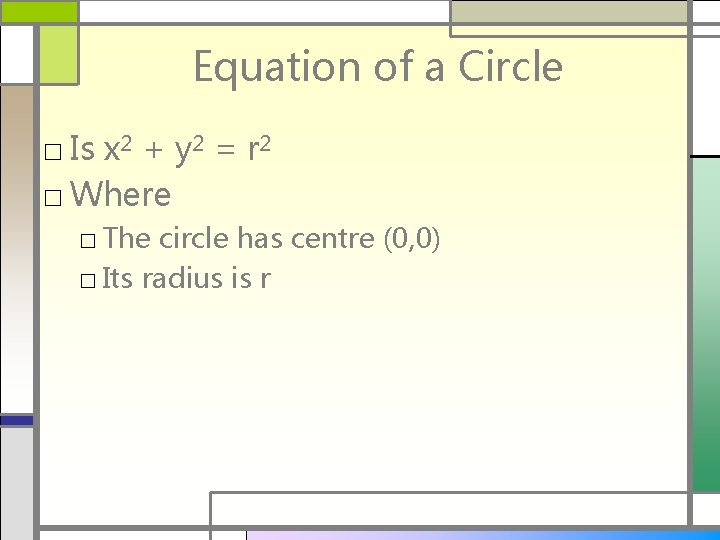 Equation of a Circle □ Is x 2 + y 2 = r 2