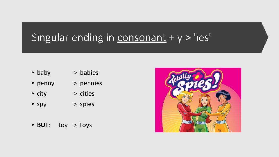 Singular ending in consonant + y > 'ies' • • baby penny city spy