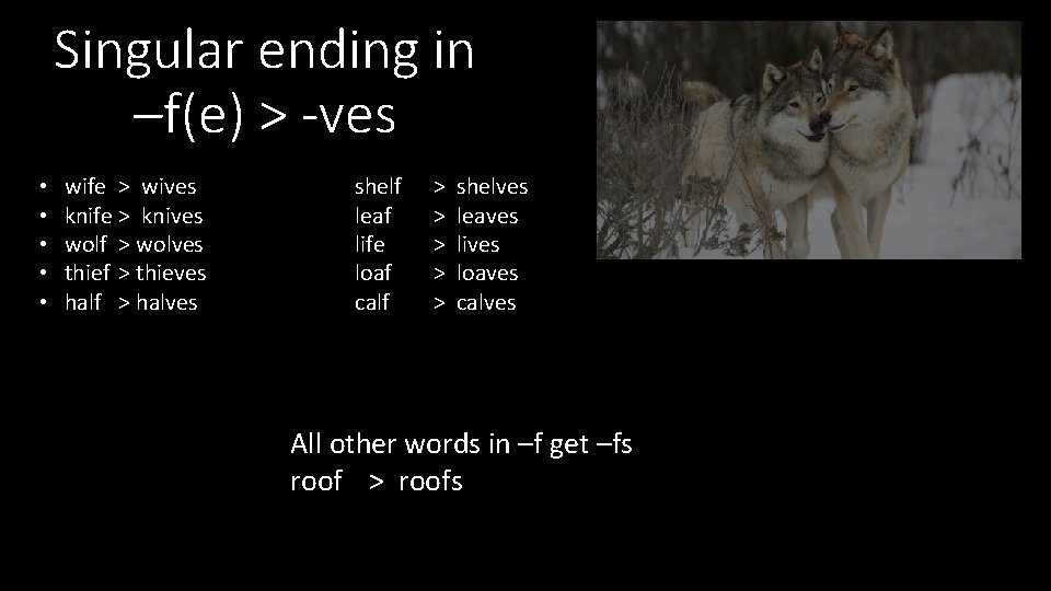 Singular ending in –f(e) > -ves • • • wife > wives knife > Singular ending in –f(e) > -ves • • • wife > wives knife >