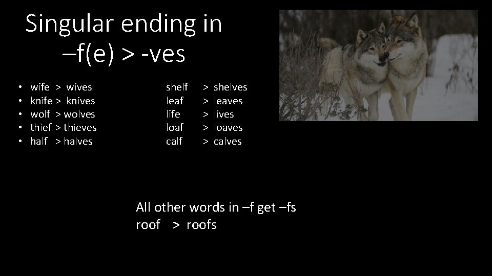 Singular ending in –f(e) > -ves • • • wife > wives knife >