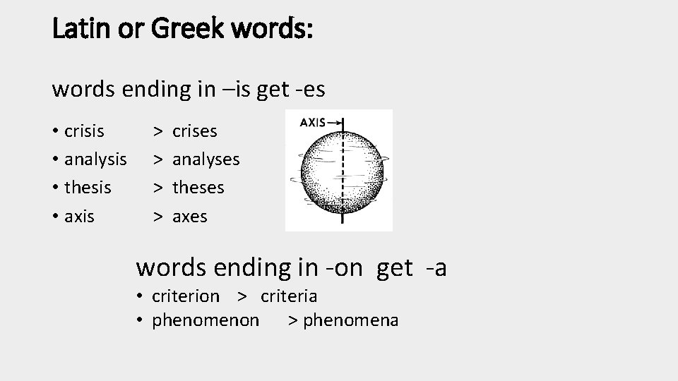 Latin or Greek words: words ending in –is get -es • crisis • analysis