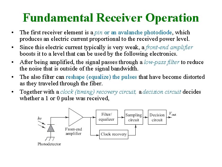 Fundamental Receiver Operation • The first receiver element is a pin or an avalanche