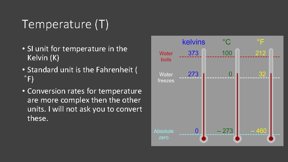 Temperature (T) • SI unit for temperature in the Kelvin (K) • Standard unit