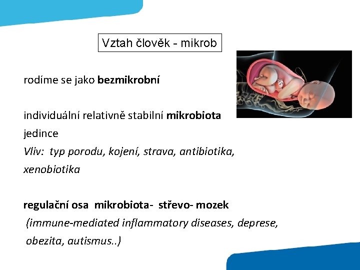 Vztah člověk - mikrob rodíme se jako bezmikrobní individuální relativně stabilní mikrobiota jedince Vliv: