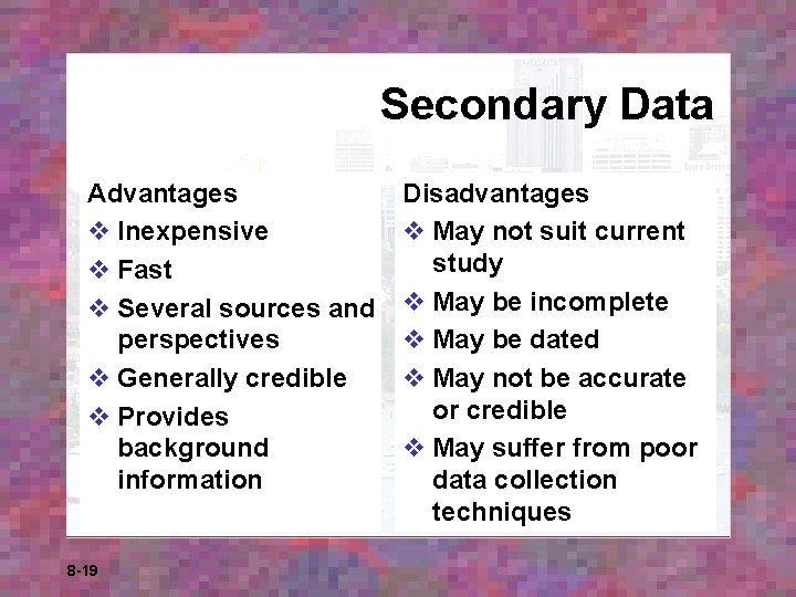Secondary Data Advantages v Inexpensive v Fast v Several sources and perspectives v Generally Secondary Data Advantages v Inexpensive v Fast v Several sources and perspectives v Generally