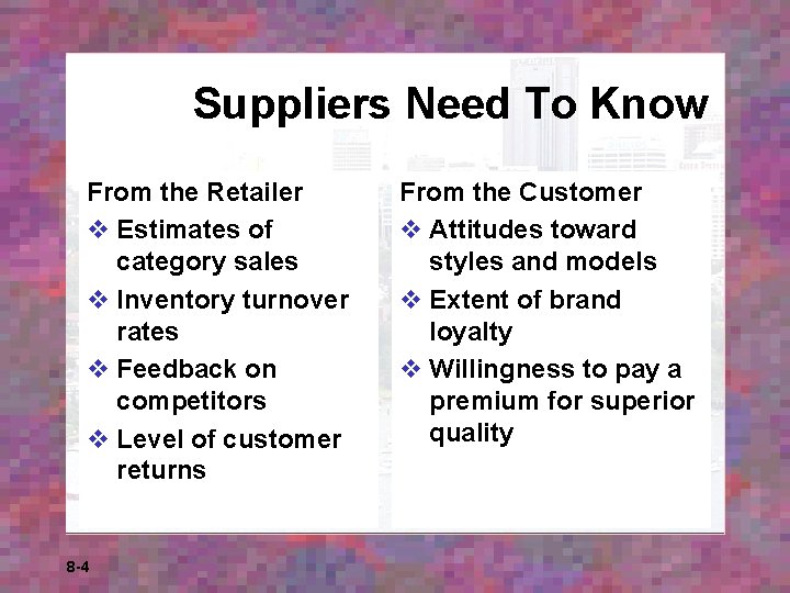 Suppliers Need To Know From the Retailer v Estimates of category sales v Inventory Suppliers Need To Know From the Retailer v Estimates of category sales v Inventory