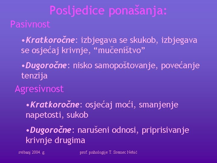 Posljedice ponašanja: Pasivnost • Kratkoročne: izbjegava se skukob, izbjegava se osjećaj krivnje, “mučeništvo” •