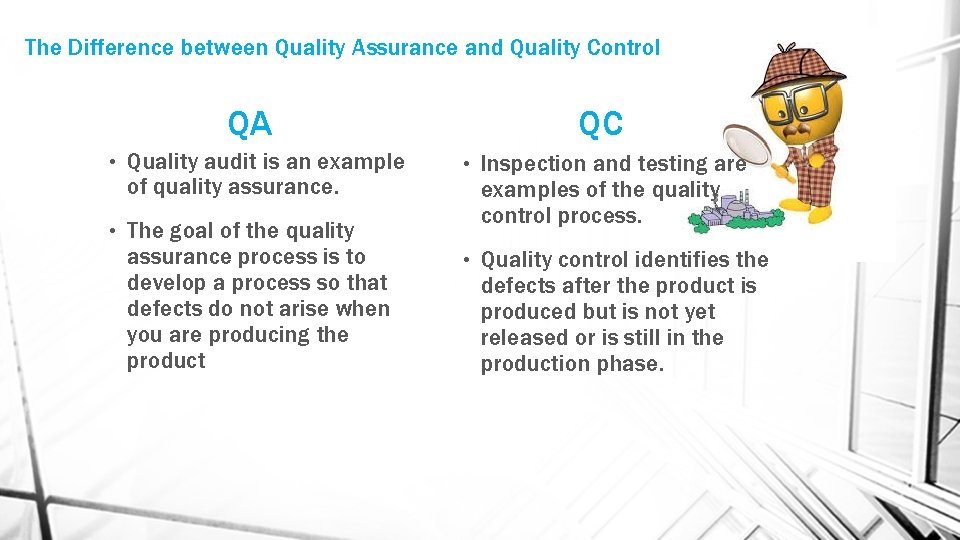 The Difference between Quality Assurance and Quality Control QC QA • Quality audit is