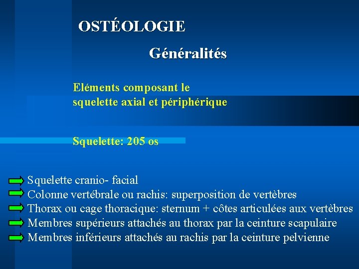 OSTÉOLOGIE Généralités Eléments composant le squelette axial et périphérique Squelette: 205 os Squelette cranio-