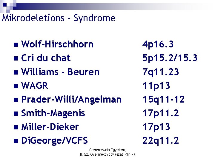 Mikrodeletions - Syndrome Wolf-Hirschhorn n Cri du chat n Williams - Beuren n WAGR