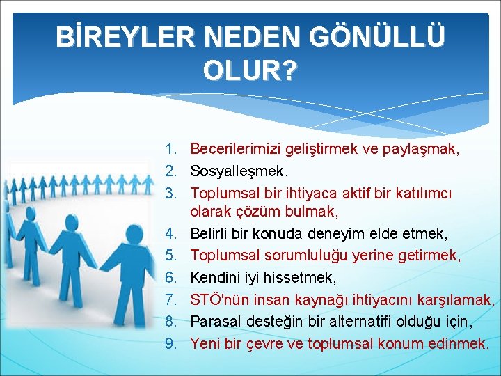 BİREYLER NEDEN GÖNÜLLÜ OLUR? 1. Becerilerimizi geliştirmek ve paylaşmak, 2. Sosyalleşmek, 3. Toplumsal bir