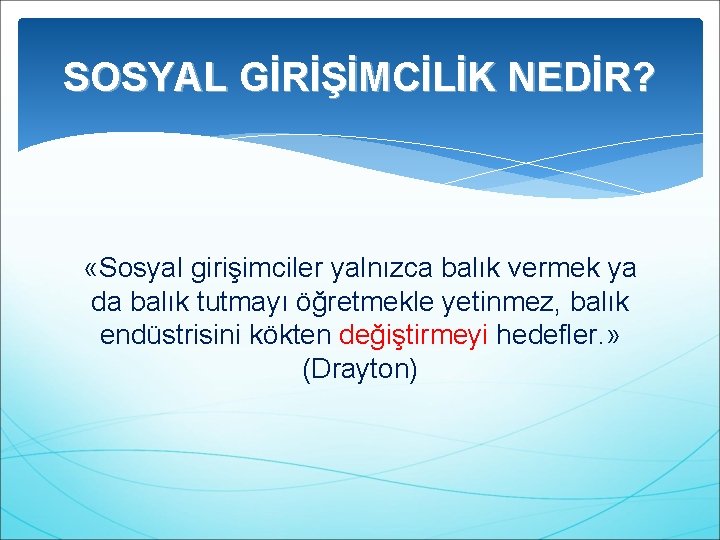 SOSYAL GİRİŞİMCİLİK NEDİR? «Sosyal girişimciler yalnızca balık vermek ya da balık tutmayı öğretmekle yetinmez,