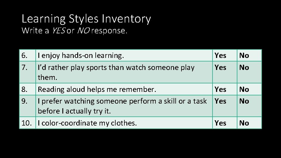 Learning Styles Inventory Write a YES or NO response. 6. 7. I enjoy hands-on Learning Styles Inventory Write a YES or NO response. 6. 7. I enjoy hands-on