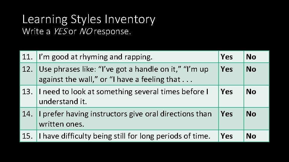Learning Styles Inventory Write a YES or NO response. 11. I’m good at rhyming Learning Styles Inventory Write a YES or NO response. 11. I’m good at rhyming