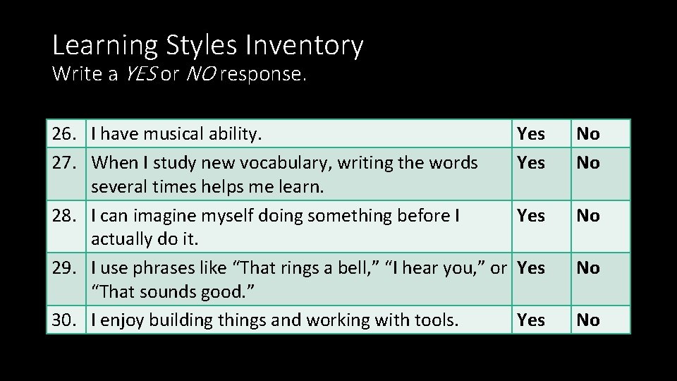 Learning Styles Inventory Write a YES or NO response. 26. I have musical ability. Learning Styles Inventory Write a YES or NO response. 26. I have musical ability.