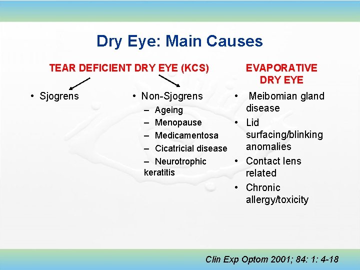 Dry Eye: Main Causes TEAR DEFICIENT DRY EYE (KCS) • Sjogrens • Non-Sjogrens EVAPORATIVE