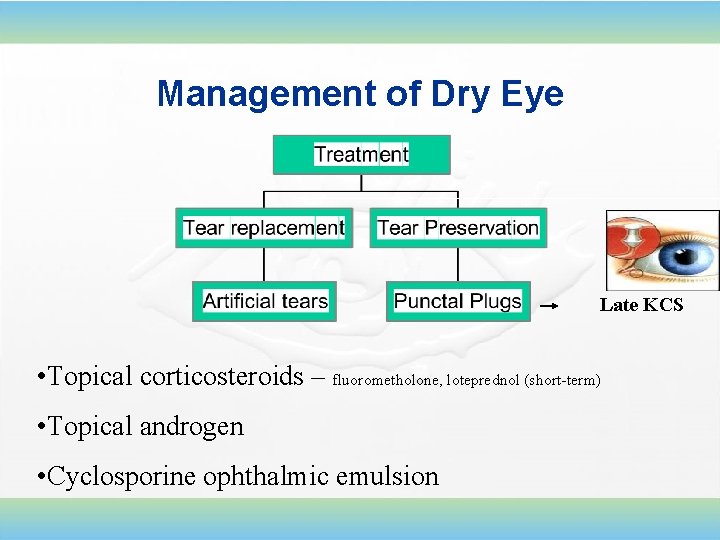 Management of Dry Eye Late KCS • Topical corticosteroids – fluorometholone, loteprednol (short-term) •