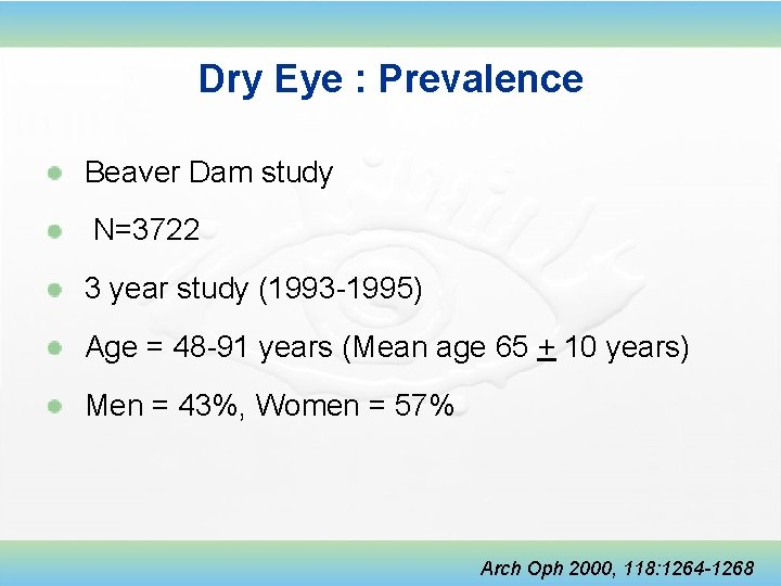 Dry Eye : Prevalence Beaver Dam study N=3722 3 year study (1993 -1995) Age