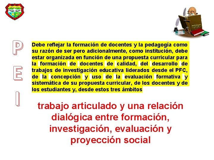 P E I Debe reflejar la formación de docentes y la pedagogía como su