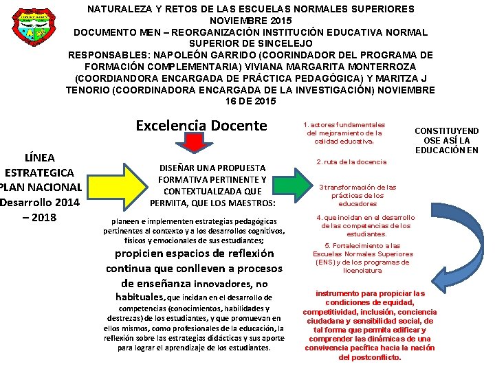 NATURALEZA Y RETOS DE LAS ESCUELAS NORMALES SUPERIORES NOVIEMBRE 2015 DOCUMENTO MEN – REORGANIZACIÓN