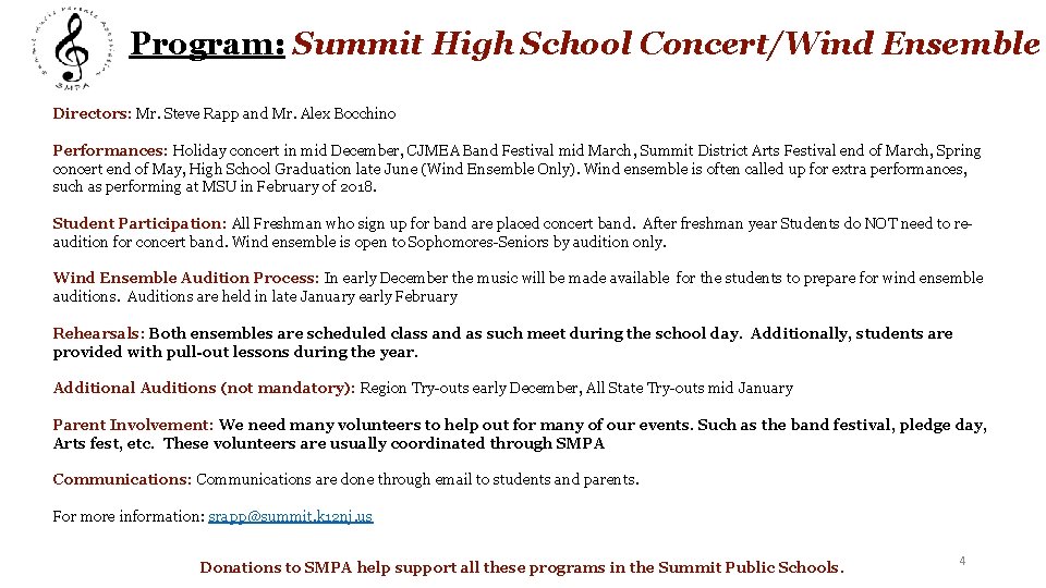 Program: Summit High School Concert/Wind Ensemble Directors: Mr. Steve Rapp and Mr. Alex Bocchino