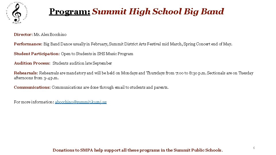 Program: Summit High School Big Band Director: Mr. Alex Bocchino Performance: Big Band Dance