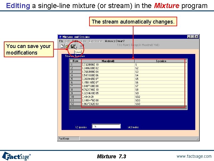 Editing a single-line mixture (or stream) in the Mixture program The stream automatically changes.