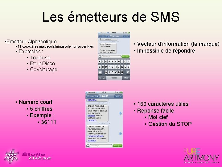 Les émetteurs de SMS • Emetteur Alphabétique • 11 caractères majuscule/minuscule non accentués •