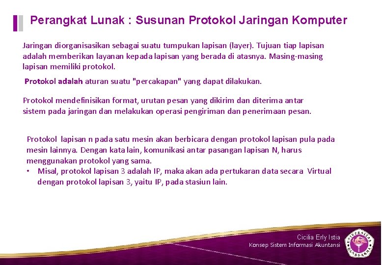 Perangkat Lunak : Susunan Protokol Jaringan Komputer Jaringan diorganisasikan sebagai suatu tumpukan lapisan (layer). Perangkat Lunak : Susunan Protokol Jaringan Komputer Jaringan diorganisasikan sebagai suatu tumpukan lapisan (layer).