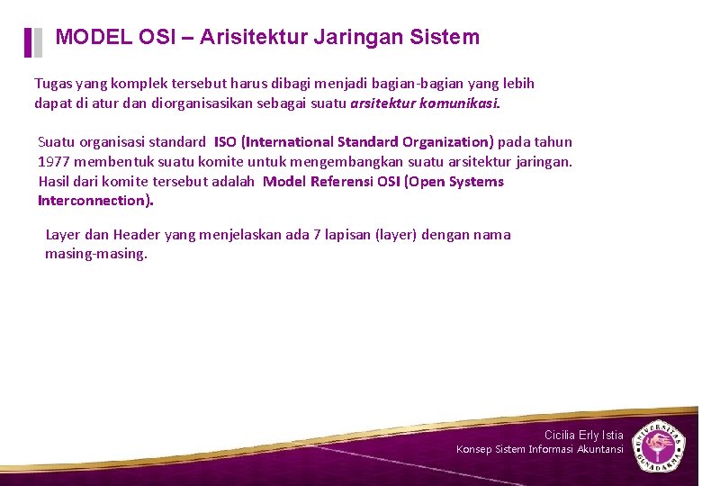 MODEL OSI – Arisitektur Jaringan Sistem Tugas yang komplek tersebut harus dibagi menjadi bagian-bagian