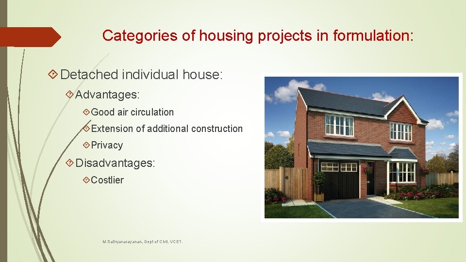 Categories of housing projects in formulation: Detached individual house: Advantages: Good air circulation Extension