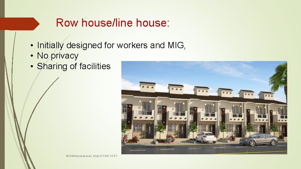 Row house/line house: • Initially designed for workers and MIG, • No privacy •