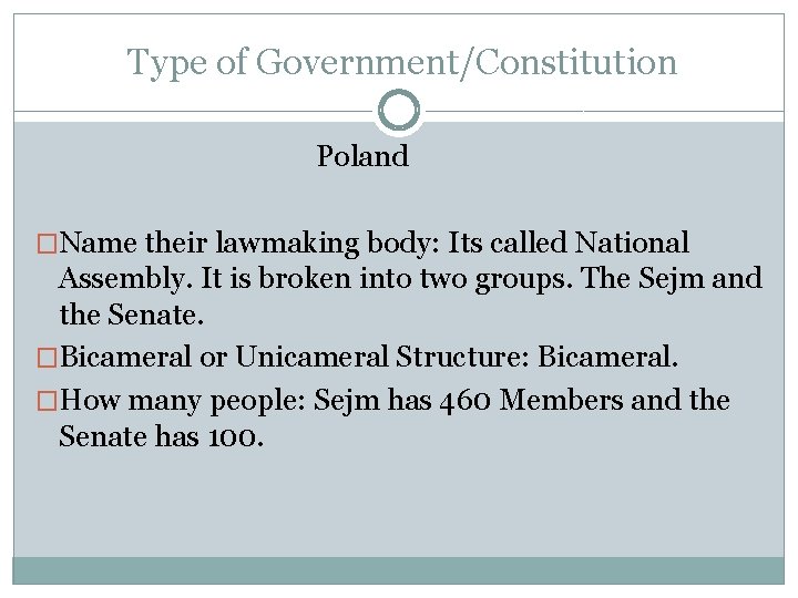 Type of Government/Constitution Poland �Name their lawmaking body: Its called National Assembly. It is