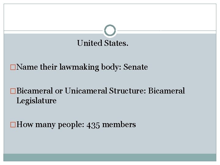 United States. �Name their lawmaking body: Senate �Bicameral or Unicameral Structure: Bicameral Legislature �How