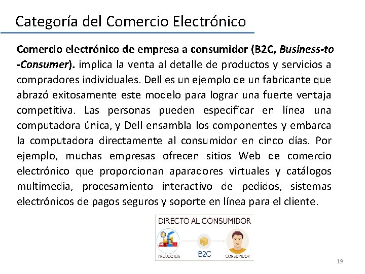 Categoría del Comercio Electrónico Comercio electrónico de empresa a consumidor (B 2 C, Business-to