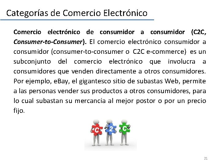Categorías de Comercio Electrónico Comercio electrónico de consumidor a consumidor (C 2 C, Consumer-to-Consumer).