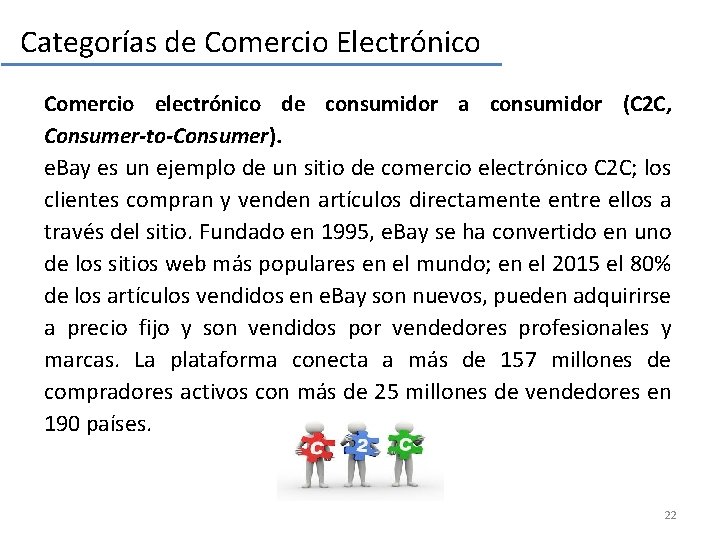 Categorías de Comercio Electrónico Comercio electrónico de consumidor a consumidor (C 2 C, Consumer-to-Consumer).