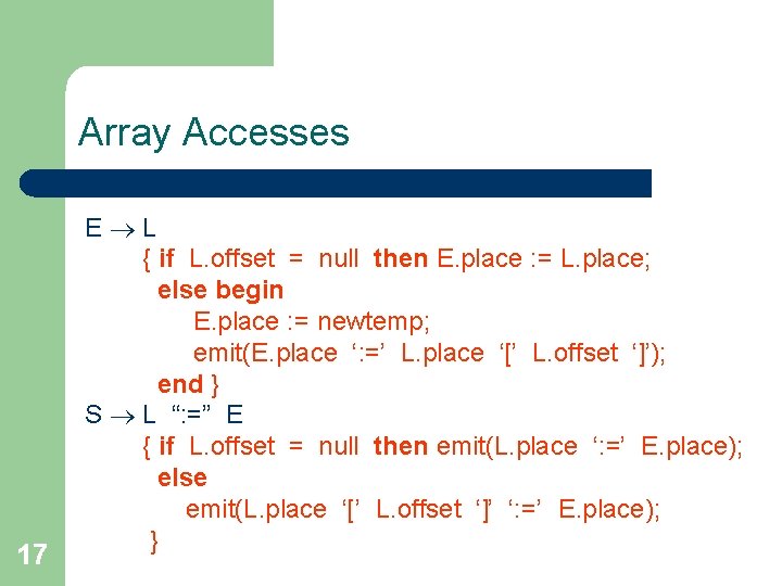 Array Accesses 17 E L { if L. offset = null then E. place
