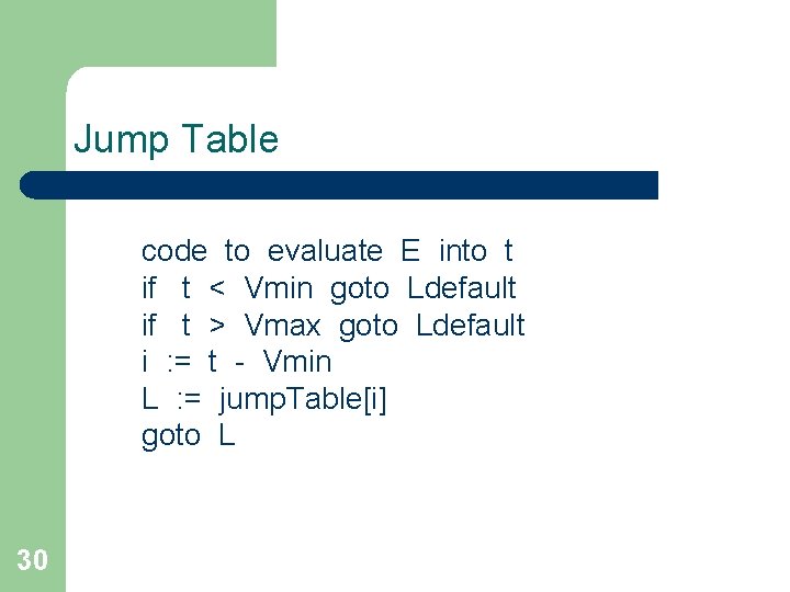 Jump Table code to evaluate E into t if t < Vmin goto Ldefault