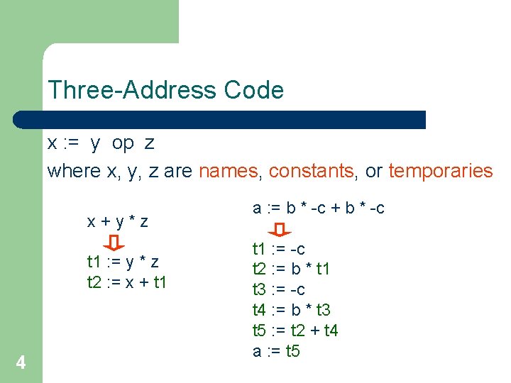 Three-Address Code x : = y op z where x, y, z are names,