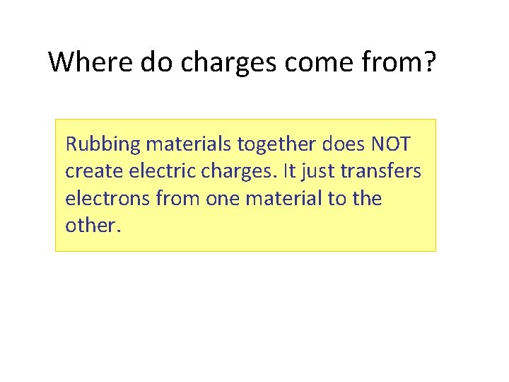 Where do charges come from? Rubbing materials together does NOT create electric charges. It