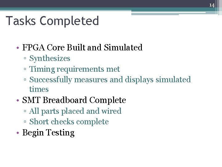 14 Tasks Completed • FPGA Core Built and Simulated ▫ Synthesizes ▫ Timing requirements