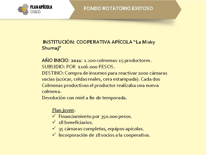 FONDO ROTATORIO EXITOSO INSTITUCIÓN: COOPERATIVA APÍCOLA “La Misky Shumaj” AÑO INICIO: 2011: 1. 200