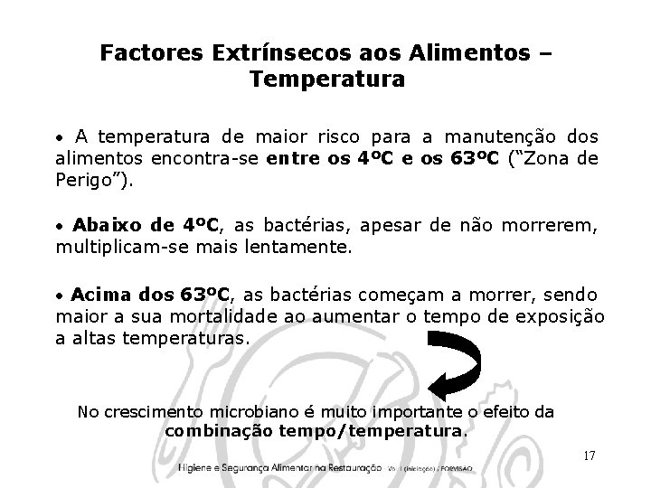 Factores Extrínsecos aos Alimentos – Temperatura • A temperatura de maior risco para a