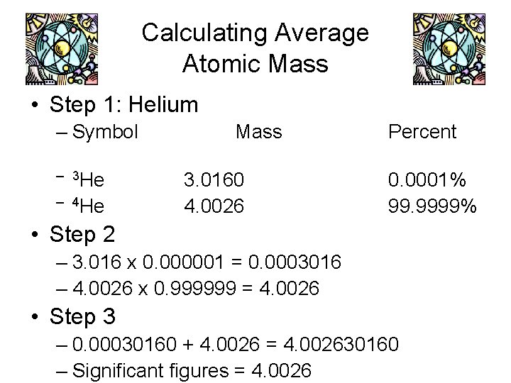 Calculating Average Atomic Mass • Step 1: Helium – Symbol – 3 He –