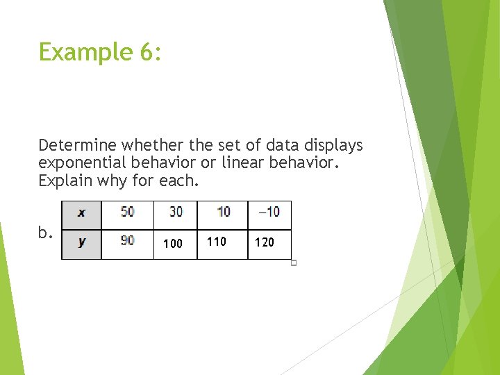 Example 6: Determine whether the set of data displays exponential behavior or linear behavior.