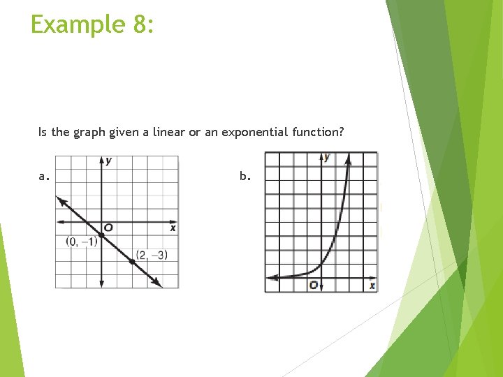 Example 8: Is the graph given a linear or an exponential function? a. b.